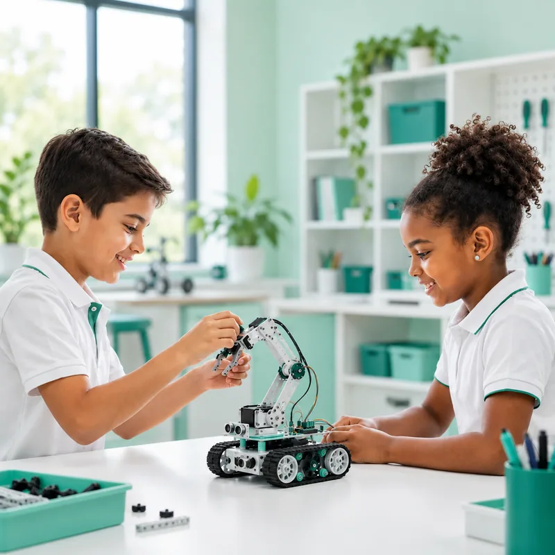 Dos estudiantes construyendo un robot en equipo