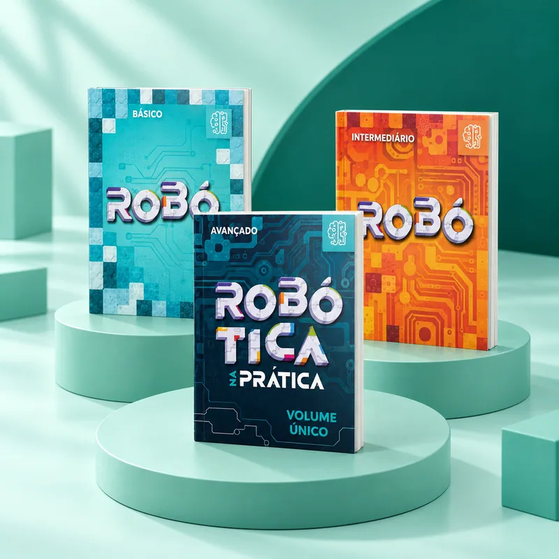 Libros de robótica con portadas turquesa, naranja y verde oscuro