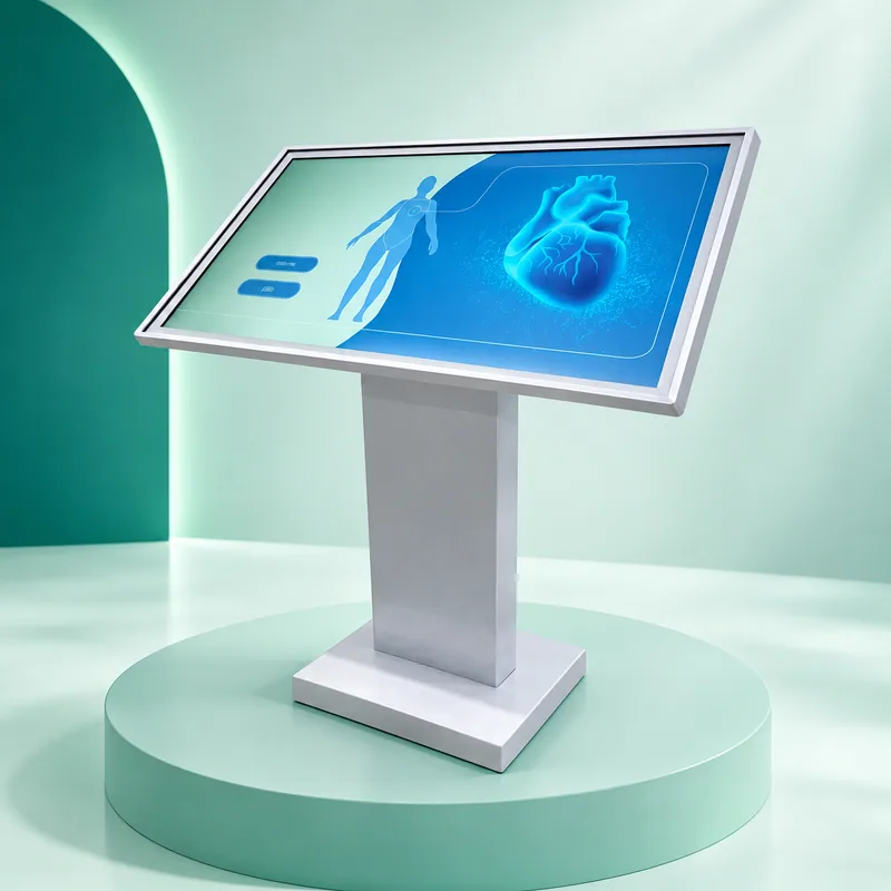 Panel interactivo con pantalla inclinada y pedestal plateado